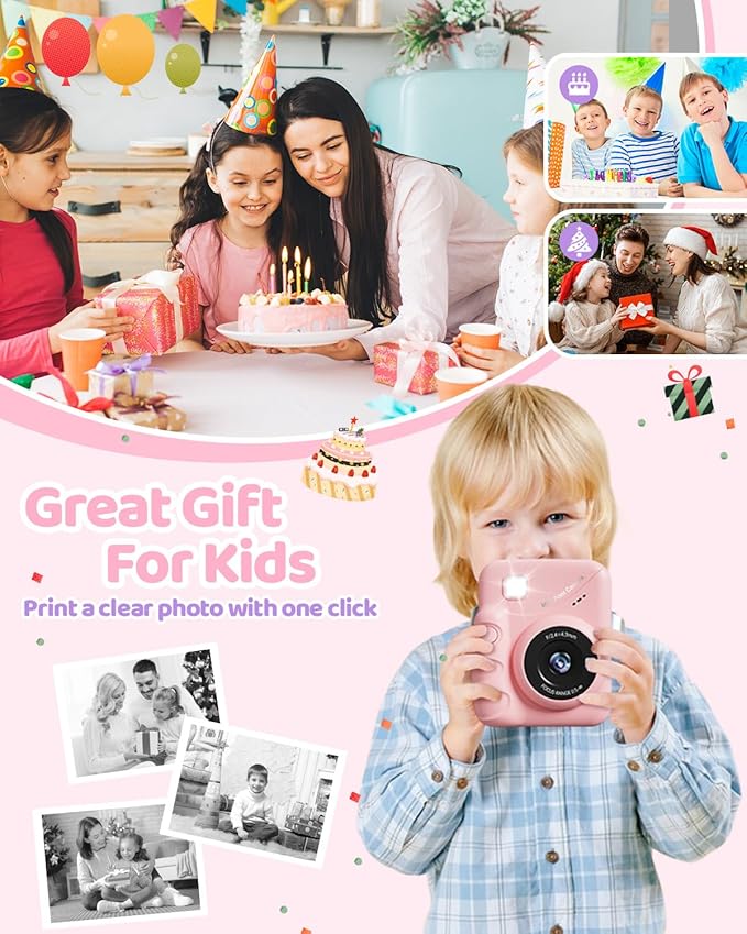 TIATUA Kids Camera Instant Print for Girls Ages 3-14, 3-inch HD Screen Camera for Kids with Printing Paper, 1080P Digital Toddler Toys for 4 5 6 7 8 9 10 11 12 Years Old (Pink)
