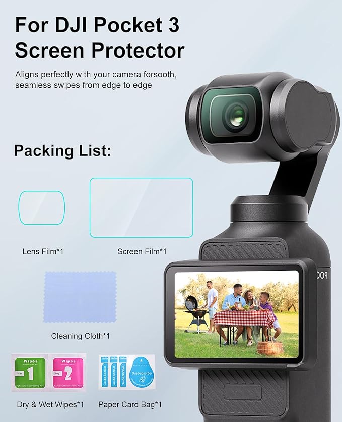 PULUZ 9H 2.5D HD Tempered Glass Lens Protector + Tempered Glass LCD Display Film for DJI OSMO Pocket 3 Used for Camera Lenses and Screen Protection (Transparent)