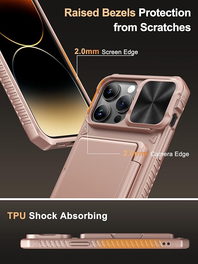 Vihibii for iPhone 14 Pro Max Case with Card Holder (4 Cards), [RFID Blocking] & Slide Lens Camera Cover, Military Grade Drop Protection, Rugged Heavy Duty Wallet Phone Case, 6.7" 2022, Rose Gold