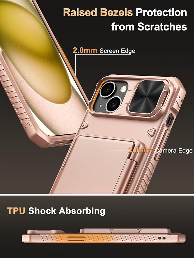 Vihibii for iPhone 15 Plus/iPhone 14 Plus Case with Card Holder (4 Cards), [RFID Blocking] & Slide Lens Camera Cover, Military Grade Drop Protection, Rugged Heavy Duty Wallet Phone Case, Rose Gold