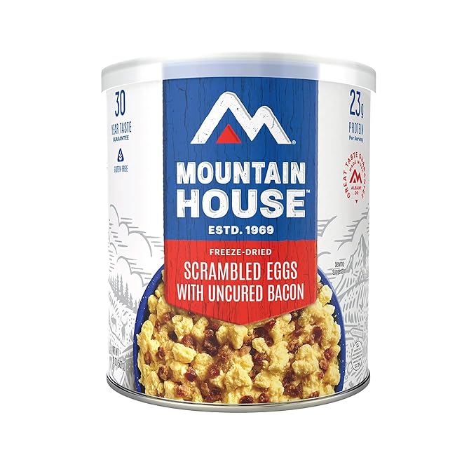 Mountain House Freeze-Dried Scrambled Eggs with Uncured Bacon #10 Can – 9 Servings per Can – Gluten-Free Emergency Survival Breakfast – Long-Term Canned Food for Camping, Hiking, & Hunting – 30-Year Taste Guarantee– Pack of 6 – Made in USA
