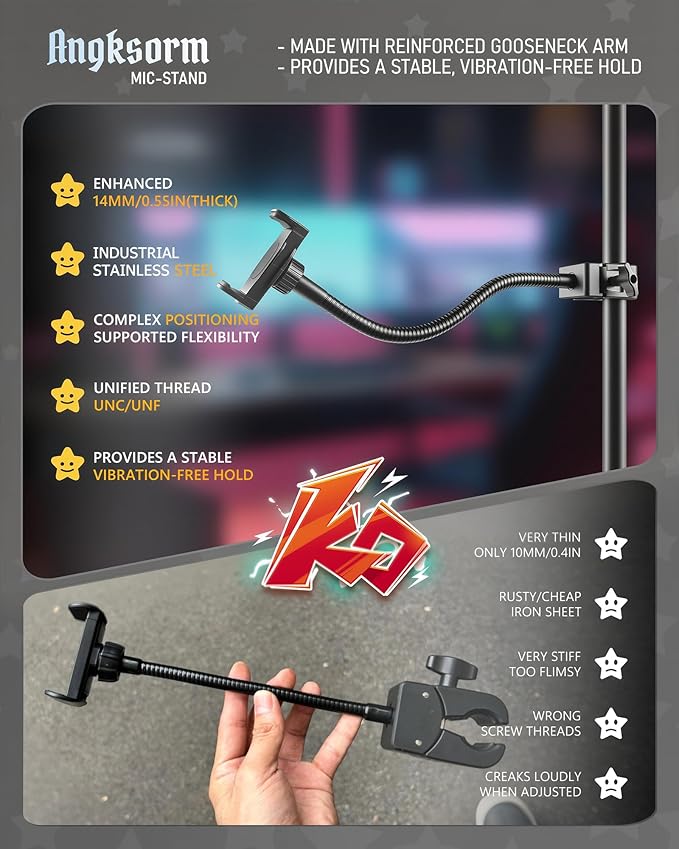 KBC1417 Mic Stand Phone Holder, Heavy-Duty Gooseneck Phone Holder with Super Clamp & Universal Phone Mount, Adjustable 360° Flexible Arm Clip for Mic Stand, Music Stand, Tripod, 9-INCH