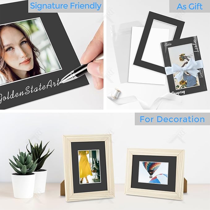 Golden State Art, Acid Free, Pack of 5, 4x6 Black Picture Mats Mattes with White Core Bevel Cut for 3x5 Photo + Backing + Bags