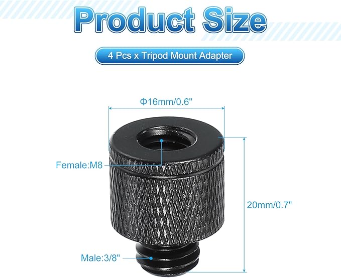 PATIKIL Tripod Screw Adapter M8 Female to 3/8 Male, 4 Pcs Tripod Nut Connectors Camera Mount Screw Camera Double Head Converter for Microphone Holder Magic Arms Accessories, 20 mm