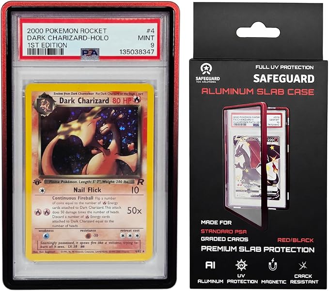 Metal PSA Slab Bumper Case UV Resistant- Safeguard Stackable Magnetic Aluminum Metal Case For Graded Cards (Red/Black)