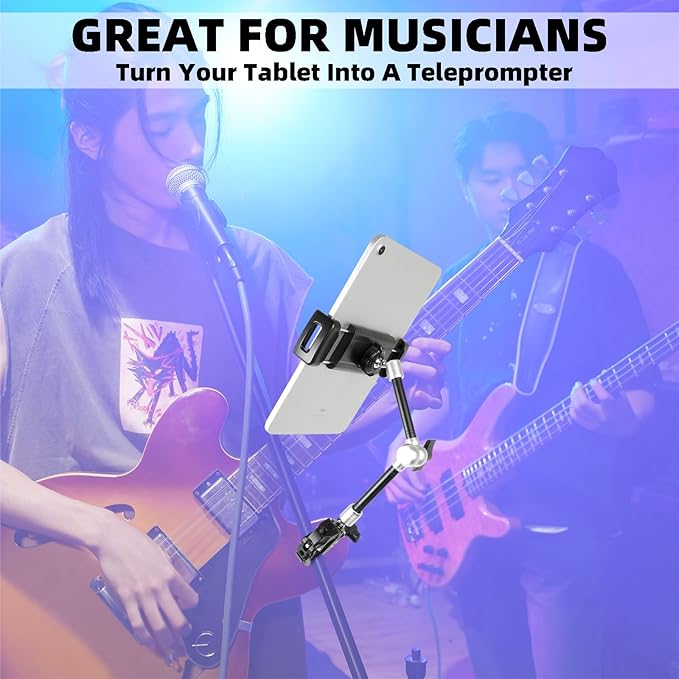 Tablet Holder for Microphone Stand, Mic Music Stand Tablet Holder for iPad, Multi Angle Adjustable 10" Long Magic Arm & Super Clamp Mount, Compatible with 4.7 to 13 inch Tablets & Smartphones