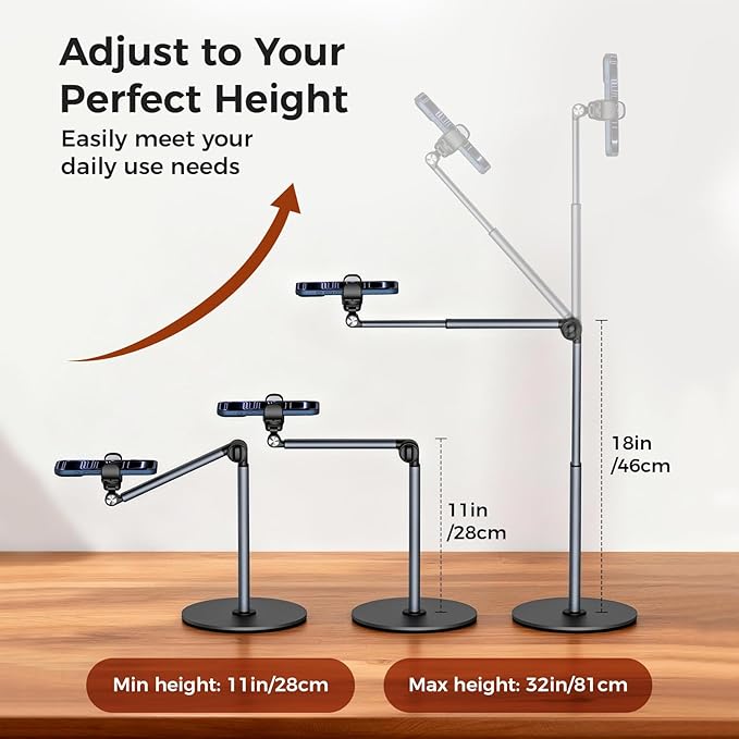 MoKo Overhead Tripod for iPhone, Heavy Duty Aluminum Overhead Phone Mount, Angle & Height Adjustable, Telescopic Arm, Overhead Phone Stand for Recording, Live Streaming, Cooking, Filming (Clip)