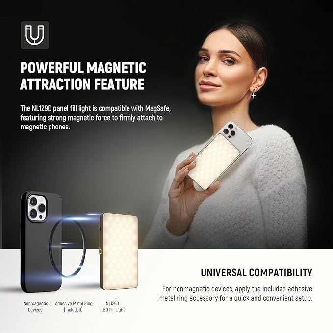 NEEWER Basics 5W Magnetic Phone Selfie Light for iPhone MagSafe, Dual Sided Clip LED Lighting 402lx/0.5m CRI90+ 3000mAh for Camera Recording Computer Video Conference Makeup Streaming, NL129D