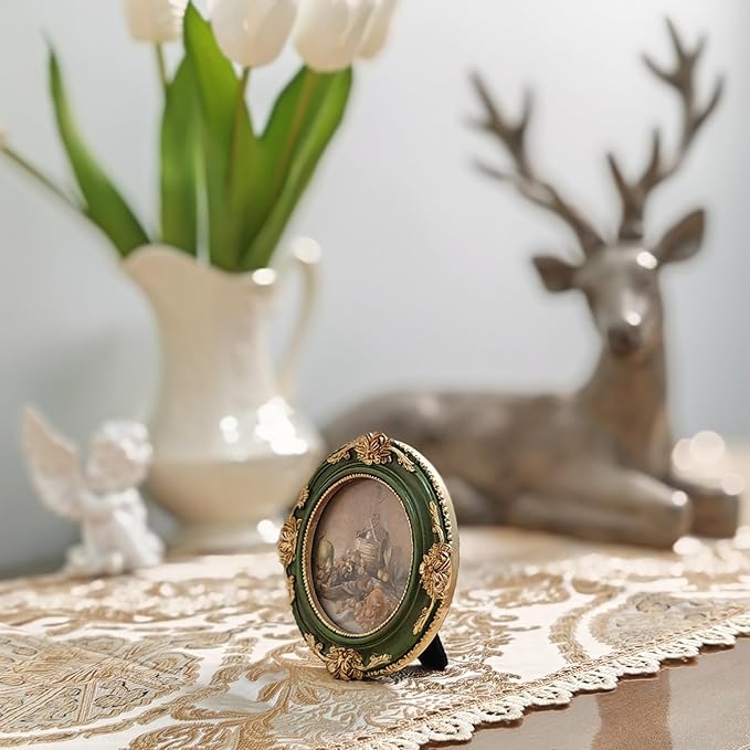 Vintage Picture Frames 3x3 Ornate Green and Gold Antique Pictue Frames with Real Glass Cover for Wall & Tabletop Display Victorian Home Decor Gallery Wall Decor,Round
