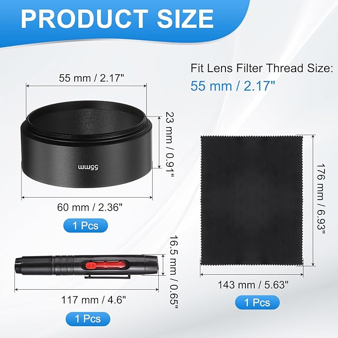 PATIKIL Lens Hood Shade, 55mm Mid-Focus Mount Standard Screw-in Metal Camera Cap Shade with Cleaning Cloth and Cleaning Pen, Black
