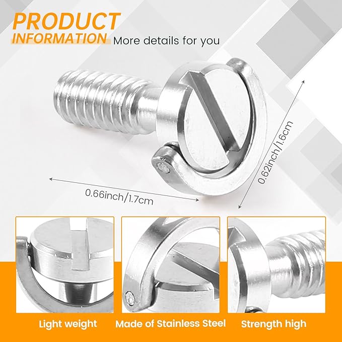 Long 1/4"" D-Ring Screw Stainless Steel for Camera Tripod Quick Release Plate Silver, 068401