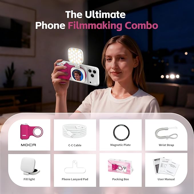 COMITOK iPhone Camera Grip MOCA with Magnet Fill Light & Mirror for 17 Pro iOS26 Native Camera, Fun Shot Magnetic Grip for Phone Compatible iOS17 and iOS18 with Anti-Drop Detachable Remote & Keychain