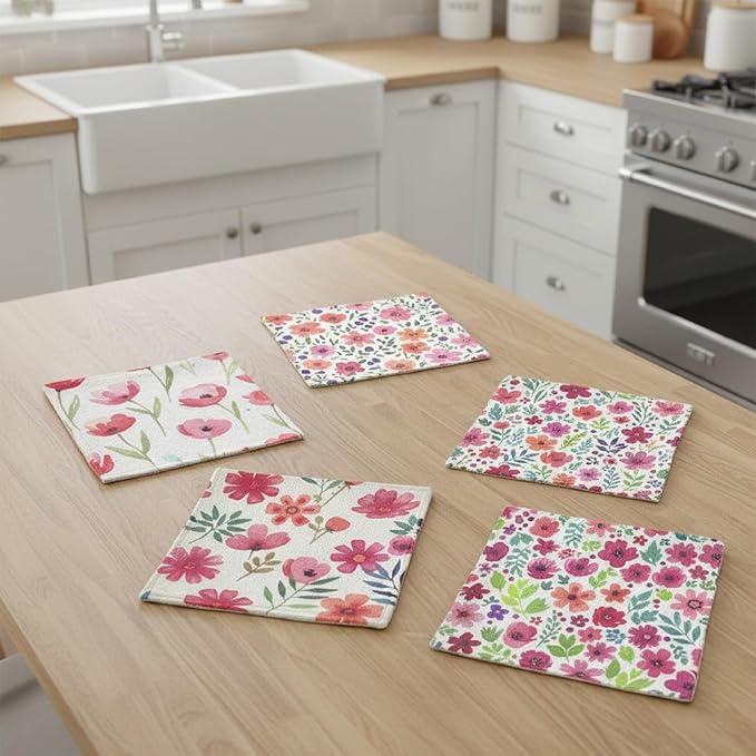 8-Pack Ultra-Fine Microfiber Kitchen Towels, 7-Inch Square with 8 Clips & Multiple Patterns – Soft, Absorbent, Reusable Cleaning Cloths (Flowers)