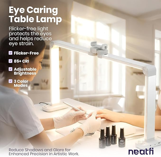 Neatfi LED Nail Tech Light, Desk Lamp for Nail Techs, Estheticians, Manicures, Facials, Threading, 40W, 3500 Lumens, Knob Control, Lampara para Mesa De Manicurista (with Charging Port, White)