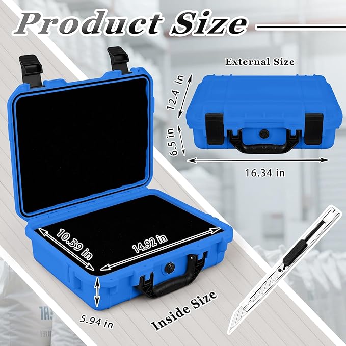 Relaxweex 1 Pcs 16.3 x 12.4 x 6.5 Inch Waterproof Hard Case with DIY Customizable Foam Insert Portable Protective Case with Knife for Camera Drones Equipments Tools Test Instruments (Blue)