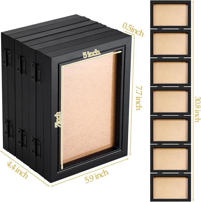 Sintuff 7 Pictures 5 x 7 Frame Folding Hinged Picture Frames Foldable Photo Frames High Definition Natural Wood Collage Picture Rustic Desktop Acrylic Frame for Family Wall Decor Black