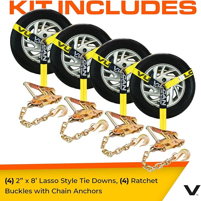 VULCAN Car Tie Down with Chain Anchors - Lasso Style - 2 Inch x 96 Inch - 4 Pack - Classic Yellow - 3,300 Pound Safe Working Load