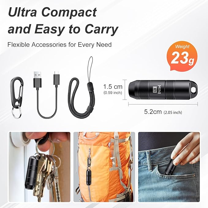EDC Mini Flashlights High Lumens LED Pocket Keychain Magnetic Activation Flashlight Type-C Rechargeable Small Flashlight Long Battery Life & Long Illumination Distance (1, Black)