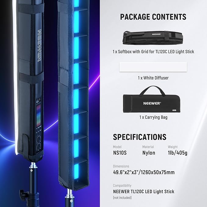 NEEWER LED Light Diffuser Kit for TL120C RGB LED Light Stick, LED Tube Strip Light Diffuser with Honeycomb Grid, Carry Bag, Touch Fasteners for Photo Video Live Stream Portrait Product Shots, NS10S