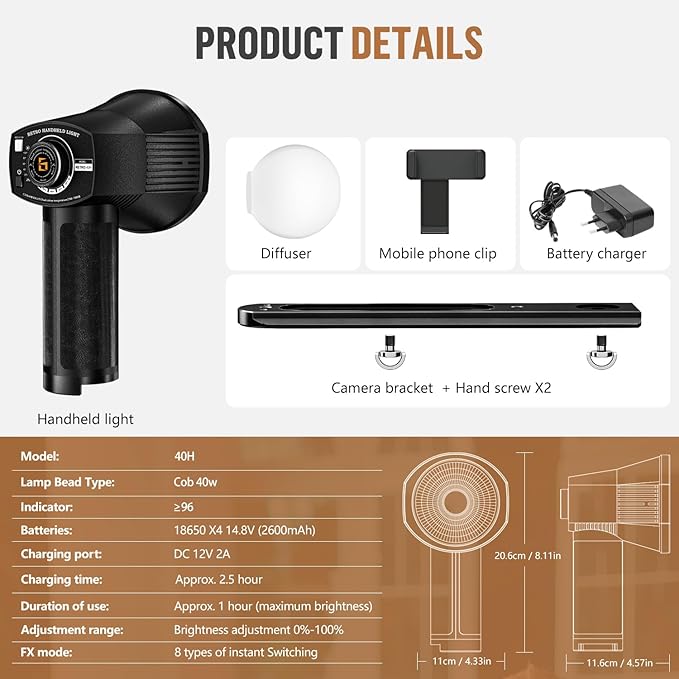 LENSGO 40H Retro Camera Flash Light with Diffuser, Rechargeable 40W Bi-Color 2700K-7000K CRI96 Video Light, Dimmable 0-100%, 8 Lighting Effects, Compatible with DSLR/GoPro/Sony/Canon/iPhone