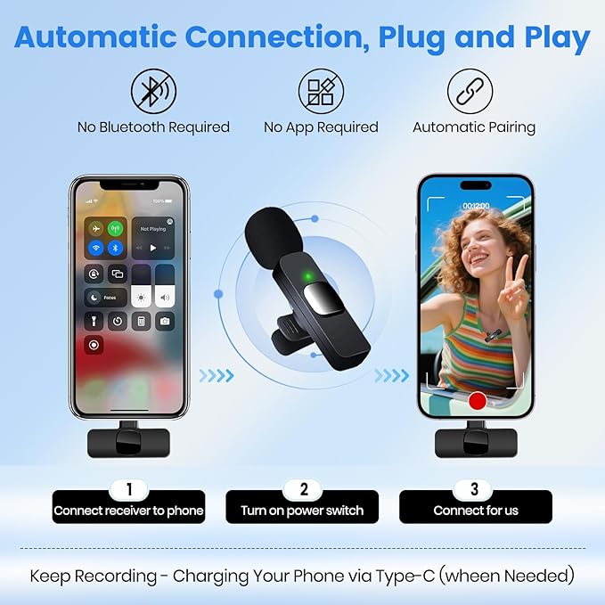 Wireless Lavalier Microphone for iPhone(15/16/17) / Android, Noise Reduction, USB-C Plug and Play Mini Lapel Mic Clip on Microphone Wireless, Ideal for Content Creator, Video Recording, Vlogging