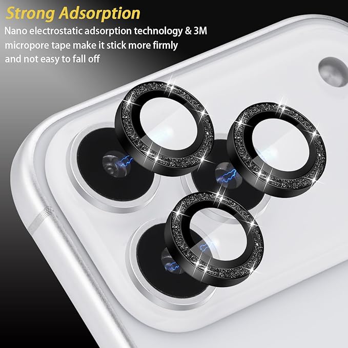 Camera Lens Protector for iPhone 17 Pro/17 Pro Max, Aluminum Alloy Tempered Glass Lens Protector with Installation Frame Fits for iPhone 17 Pro/17 Pro Max (Glitter Black)