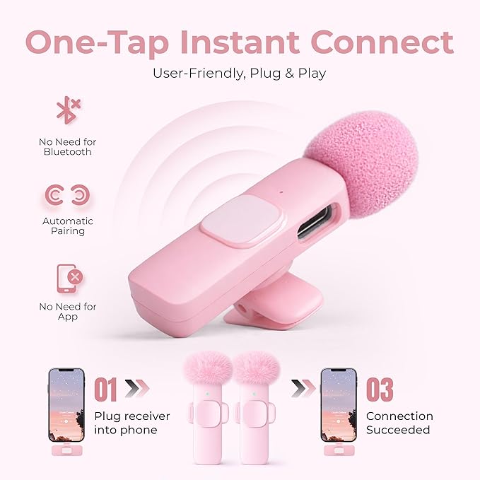 Wireless Lavalier Microphone 2-Pack – Compatible with iPhone, iPad, iOS, Android – Mini Mics with USB-C, Noise Reduction Lapel Mic for Video Recording, Vlogging, YouTube, TikTok (Pink)