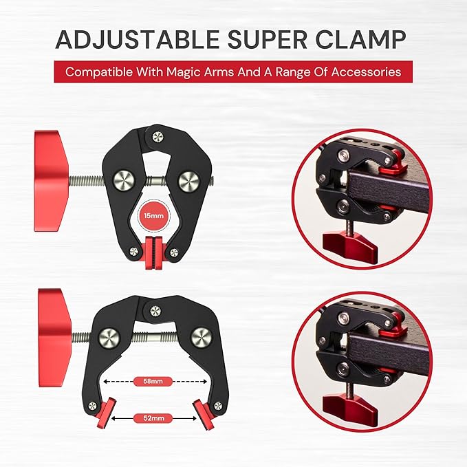 REFLEX CAMERA Super Clamp With 1/4" and 3/8" Threaded Holes for Mounting Cameras, Lights, Umbrellas, Hooks, Shelves, Plate Glass, Cross Bars, compatible with Magic Arm and more...