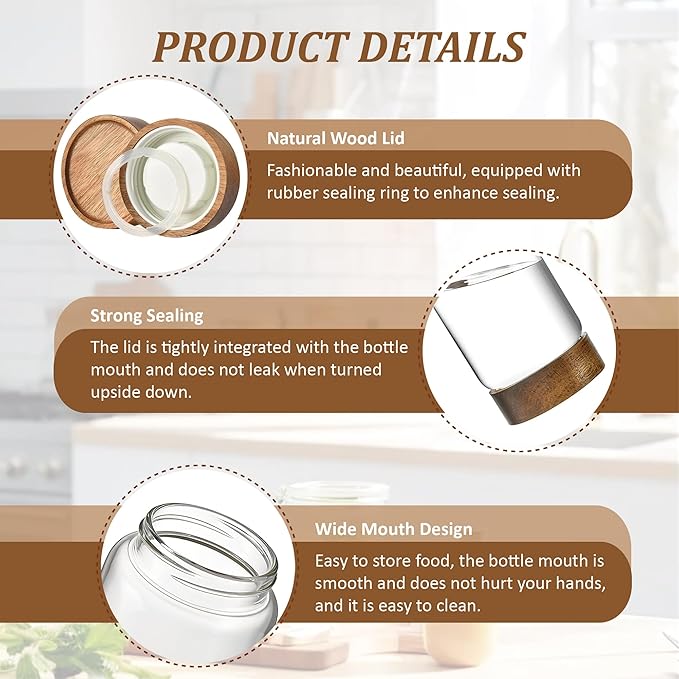 MOLADRI 3 Pack 17 fl oz/500ml Clear Glass Storage Canister with Airtight Wooden Screw On Lid, Small Cute Decorative Glass Container Jar Set for Coffee, Candy, Cookie, Condiment, Pepper, Sugar, Oatmeal