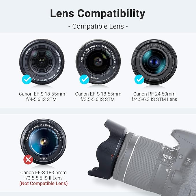 Lens Hood Shade for Canon EF-S 18-55mm f/3.5-5.6 is STM, RF-S 14-30mm f4-6.3 is STM PZ, RF 24-50mm f/4.5-6.3 is STM Lens Replaces Canon EW-63C Hood for Canon Rebel T8i T7i T7 EOS R50V R8 R10 90D 80D