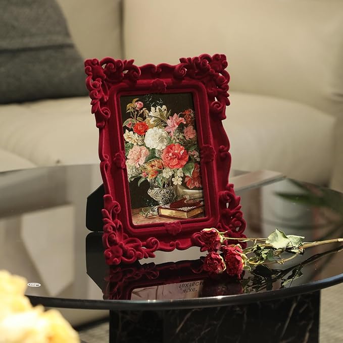 5x7 Retro Picture Frame for Tabletop Gallery Wall Decor, Vintage Ornate Photo Frame with Real Glass for Living Room Bedroom, Small Rococo Decorative Frame for Oil Paintings Posters (Wine Red)