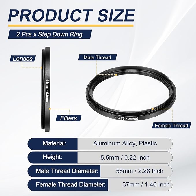 PATIKIL Step Down Ring Adapter 58mm to 52mm, 2 Pcs Filter Step-Down Rings Camera Lens Filters Metal Ring Digital for ND IR DSLR Lenses, Black