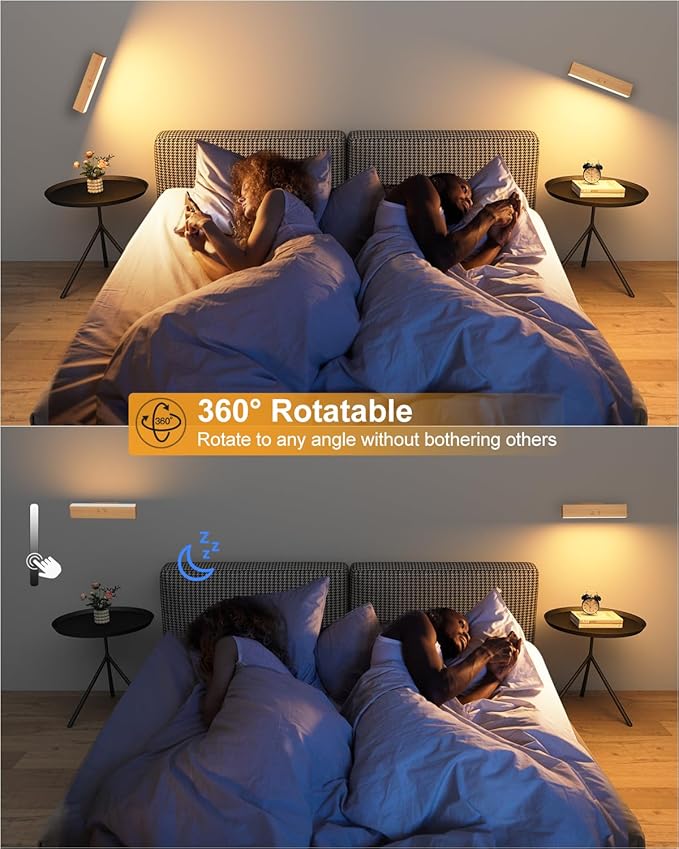 Rechargeable Wood Wall Lights (2 Pack) with Remote & Touch, 5200mAh Battery Operated Wall Sconce with 3 Color Temperatures & RGB. Magnetic, Stick-On, Dimmable Wall Reading Lamp for Bedroom, Picture