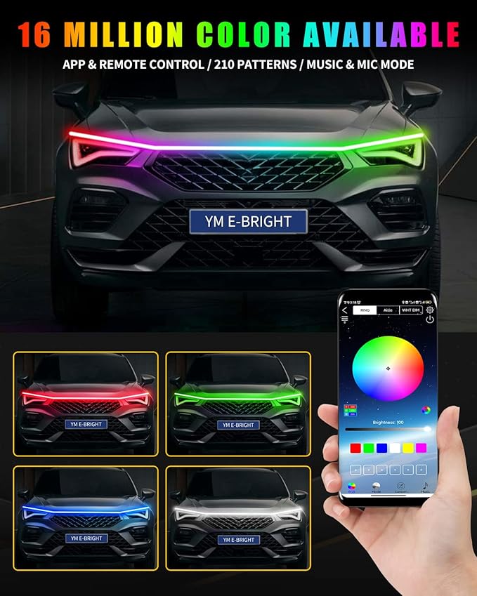 RGB Hood Light Strip with Sequential Turn Signal Indicator Function Waterproof Multicolor Dynamic Scan Start Up Hoodbeam Kit for Cars,Truck,SUV,with APP Control,12V 79inch/2M (1Set)