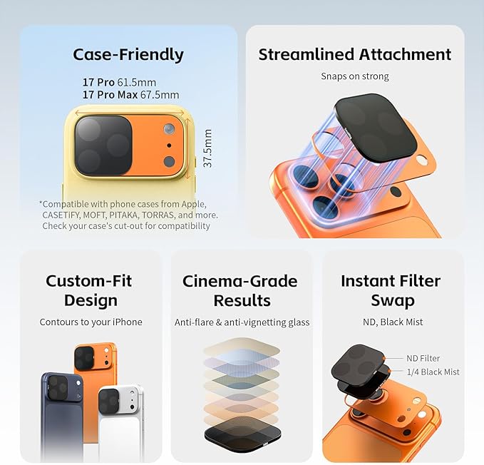 SmallRig Square ND & Black Mist Filter Kit for iPhone 17 Pro, Magnetic Lens Filters with Base Mount, Black Mist Diffusion 1/4 Filter/ND2/ND4/ ND8/ND16/ND32, 6 Pack, Silver - 6074