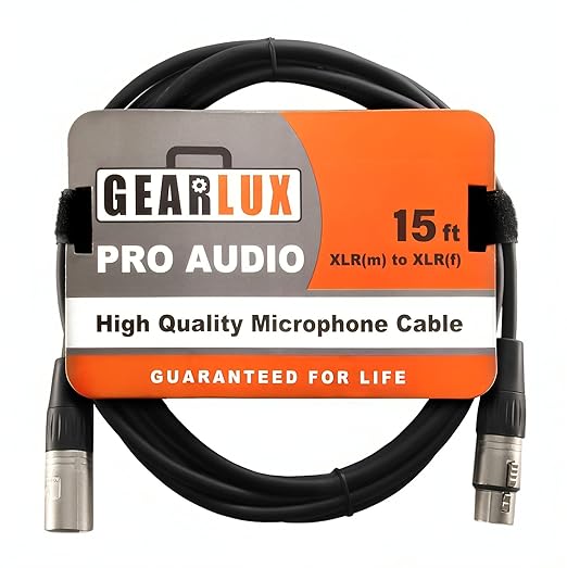 Gearlux XLR Microphone Cable, Fully Balanced, Male to Female, 15 Feet - Single Pack