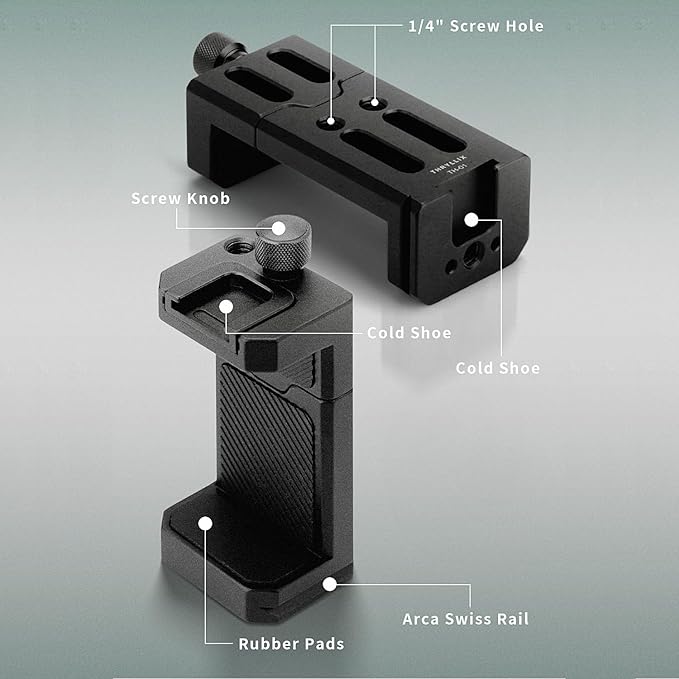 Aluminum Phone Tripod Mount with Cold Shoe & ARCA-Swiss Quick Release, Adjustable Smartphone Clamp with 1/4" Thread, Universal Phone Holder for iPhone 17/16/15/14/13, Samsung, Vlogging, Filming