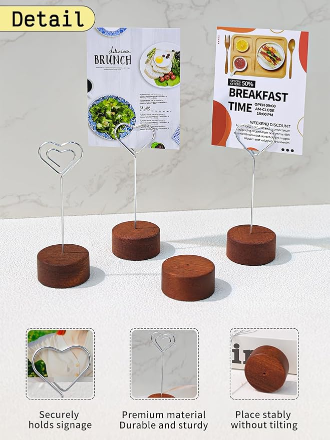 6Pack Wood Table Number Holders with Metal Clip, 4.3" Tall Place Card/Name Sign Holder, Memo Card Photo Picture Note Clip Stands for Party Restaurant (Silver Heart)