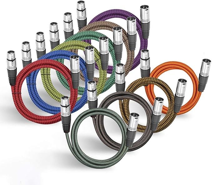 BIFALE Heavy Duty Hybrid Braided XLR Patch Cable - 2ft, 3Pin XLR Male to Female Multi-Colored Microphone Cable - Balanced Mic/Snake Cord - 10Pack (TOP Series)