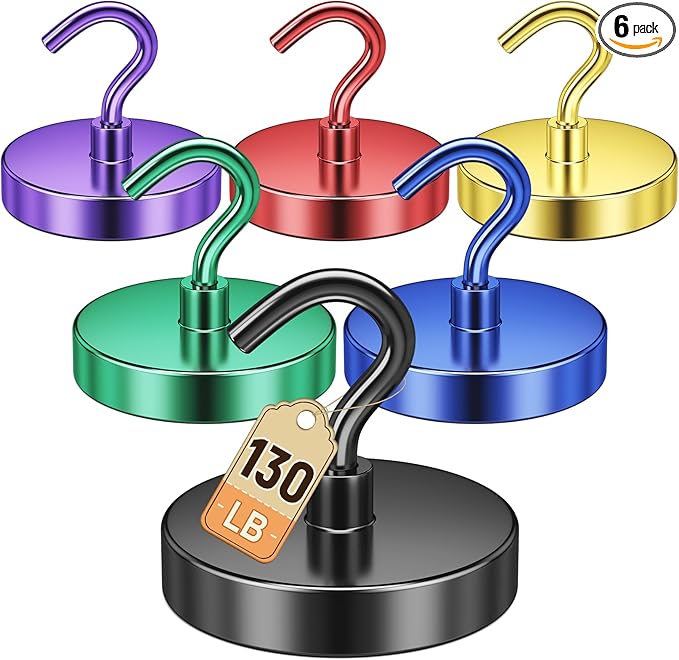 DURMATE Strong Magnetic Hooks Heavy Duty, Mixed-Color Magnet Hooks for Cruise Cabin, 130lbs Fridge Magnets, Cruise Essentials, Magnetic Hanger for Kitchen, Keys (Black, Blue, Green, Purple, Red, Gold)