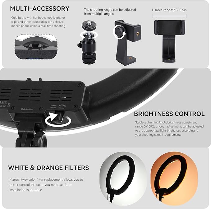 Ring Light Kit 18 "/ 45cm 55W 5500k dimmable LED Light, 70inch Foldable Stand, Phone Clip, Short Video, Studio Video Photography Lighting, Spot Lights，Selfie and Live Streaming Available