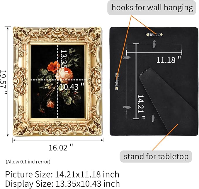 11X14 Vintage Picture Frame, Antique Champagne Gold Ornate Baroque Frame with Real Glass, 11 X 14 Photo Frame for Tabletop Wall Hanging Display