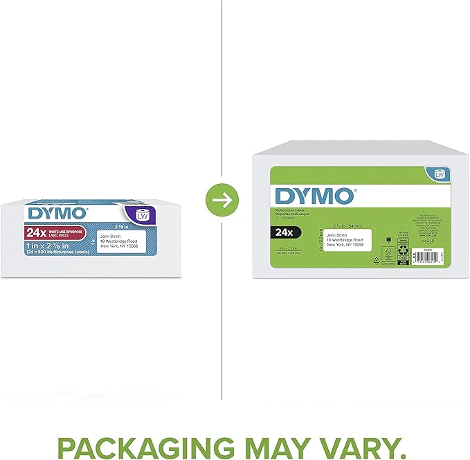 DYMO Authentic LW Multi-Purpose Labels for LabelWriter Label Printers, White, 1" x 2-1/8", 24 Rolls of 500 (12,000 Total)
