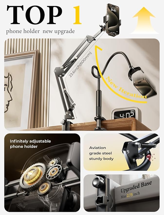 LISEN Gooseneck Phone Holder for Bed Desk [3rd Upgrade] Cell Phone Stand for Desk Bed Gaming Accessories,Gifts for Men Seniors Tech Magic Arm Mount for Recording Filming Laying Down Flexible Arm Clamp