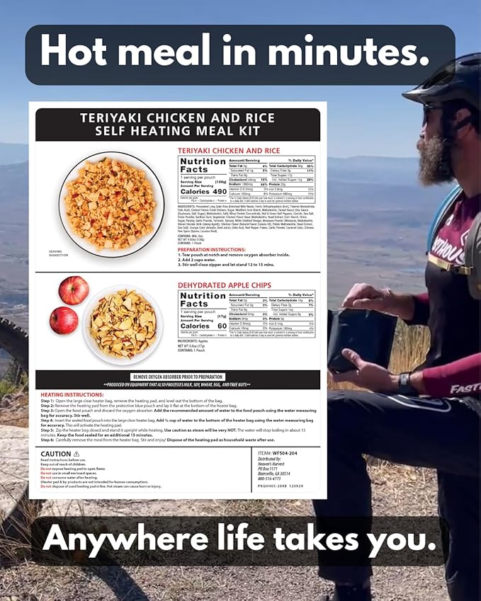 Heaven's Harvest Self-Heating Emergency Meal Kit (10 Year Shelf Life) — Tastier than MRE Meals & Ready-To-Eat in Minutes! Just add water to activate the “cooking” process. (Teriyaki Chicken) (6-Pack)