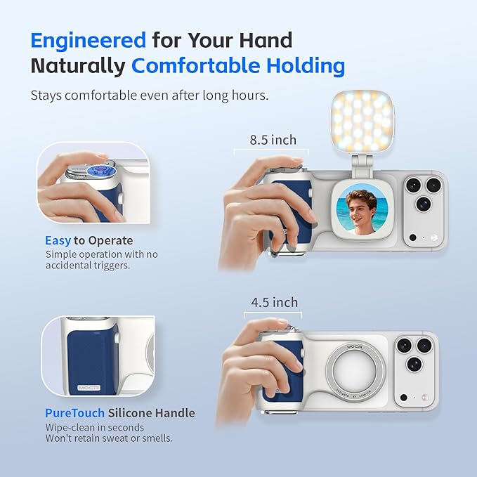 COMITOK iPhone Camera Grip MOCA with Magnet Fill Light & Mirror for 17 Pro iOS26 Native Camera, Fun Shot Magnetic Grip for Phone Compatible iOS17 and iOS18 with Anti-Drop Detachable Remote & Keychain