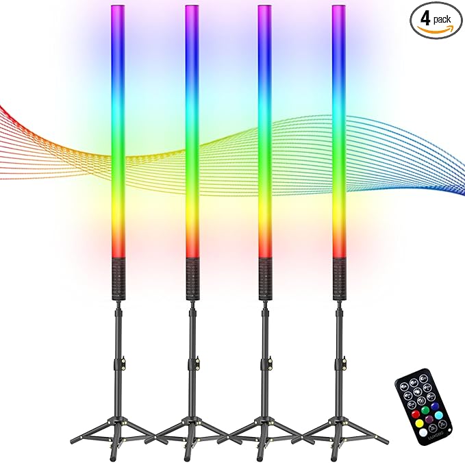 4Pack RGB Tube Light Bar with Stand, 5000mAh Battery Powered LED Video Light Wand Handheld Color Neon Tube Lights Stick for Stage DJ Dance Club Party Photography Studio Lighting