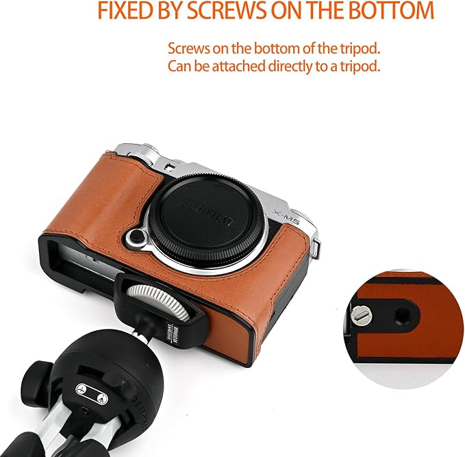 Uchandmade Handmade Genuine Leather Camera Half Case for Fujifilm X-M5/Fujifilm X-M5 Camera Case/Fujifilm X-M5 Case - Top Layer Cowhide Body + Metal Base Plate (Brown-m-box)