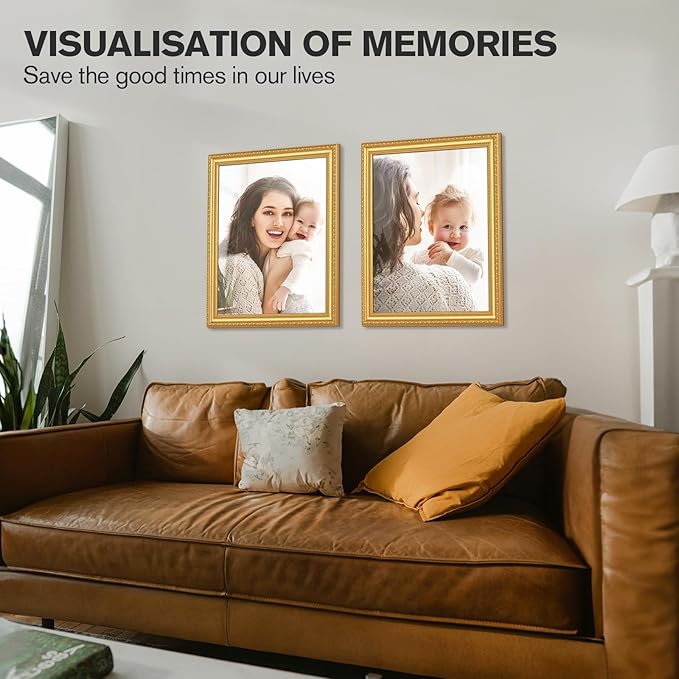 16x20 Gold Picture Frames Set of 2, Ornate Vintage 16 x 20 Photo Frames for Wall Decor or Tabletop Display, Gold Frames with Plexiglass, Display 11x14 Pictures with Mat or 16x20 without Mat for Antique Déco