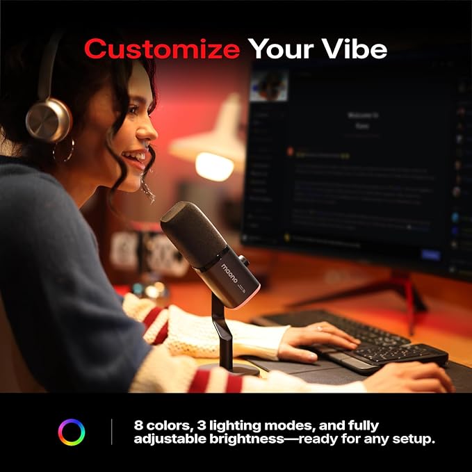 MAONO PD100W Wireless/USB Microphone, PC Gaming Streaming Dynamic Mic with One-Click Noise Reduction,Mute Button,Custom RGB, 3.5mm Headphone Jack, Desktop Podcasting Mic for Computer Phone, Black